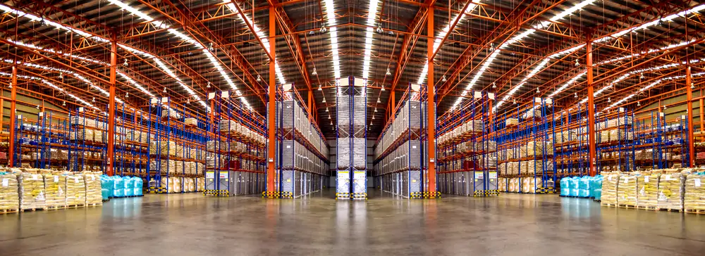 a warehouse with many shelves
