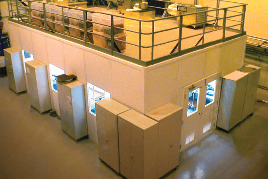 National Partitions modular warehouse offices with wall panels utilizing unused vertical space, modular building, warehouse environments, not traditional construction, office space