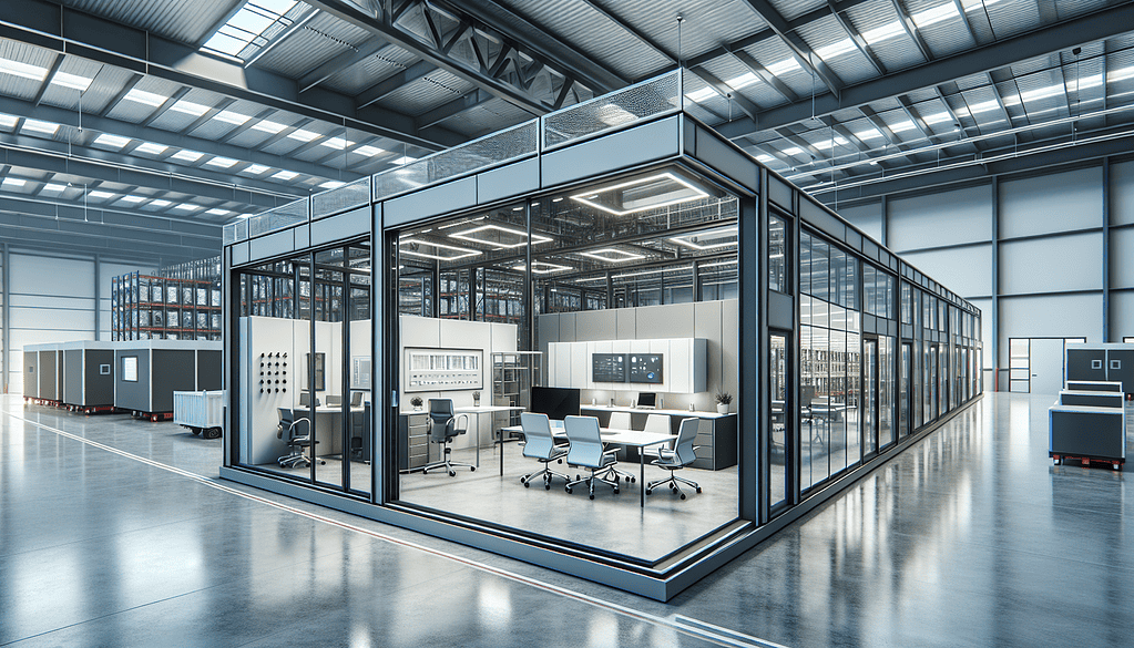 warehouse office space futuristic within facility for employees, windows, doors, room for offices