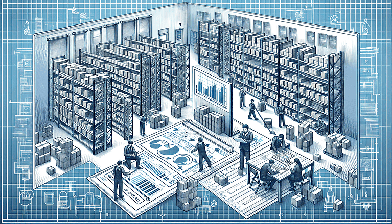 Illustration of assessing storage needs for warehouse shelving