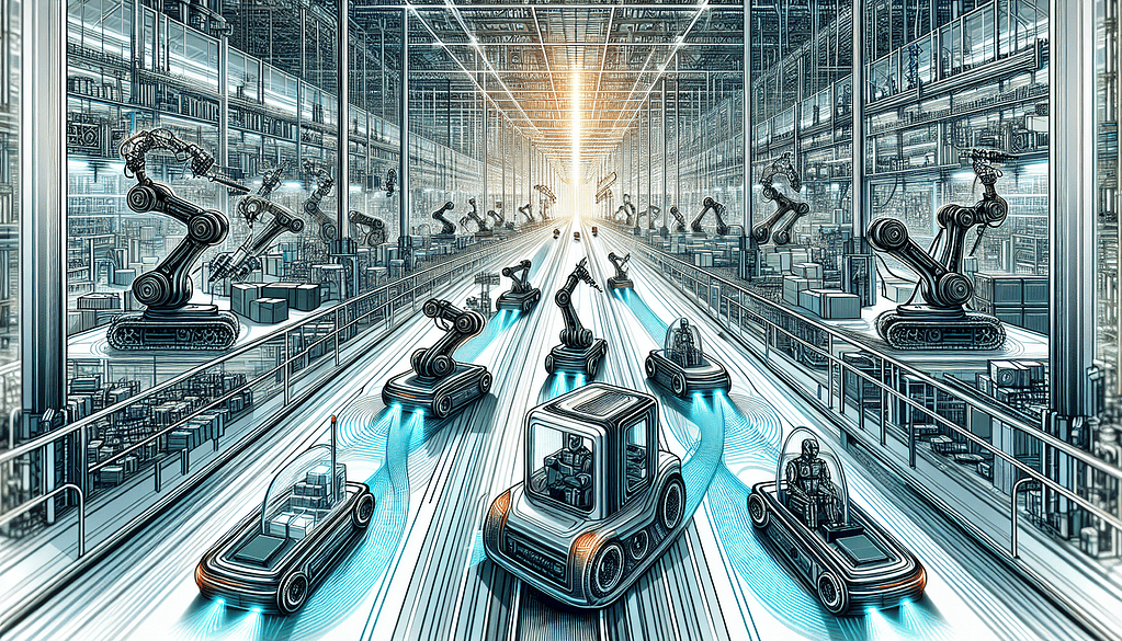 Illustration of robotic arms and automated guided vehicles (AGVs) in a warehouse setting
