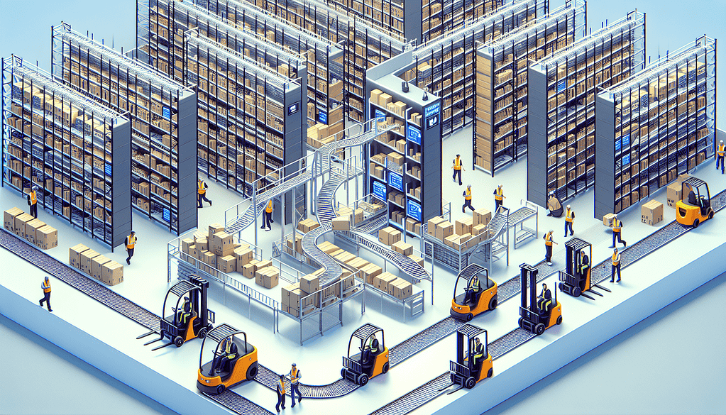 Illustration of efficient warehousing operations in ecommerce businesses with pallet jacks and a pallet truck