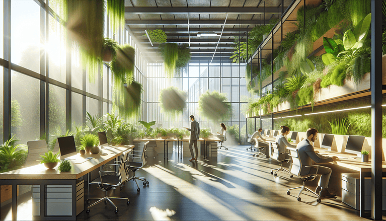 Biophilic office design for employee well-being, industrial style with more space