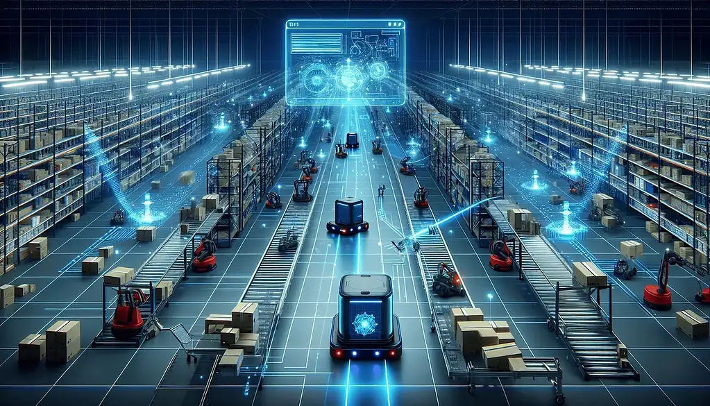 Illustration of autonomous mobile robots (AMRs) and warehouse management systems, collaborative robots