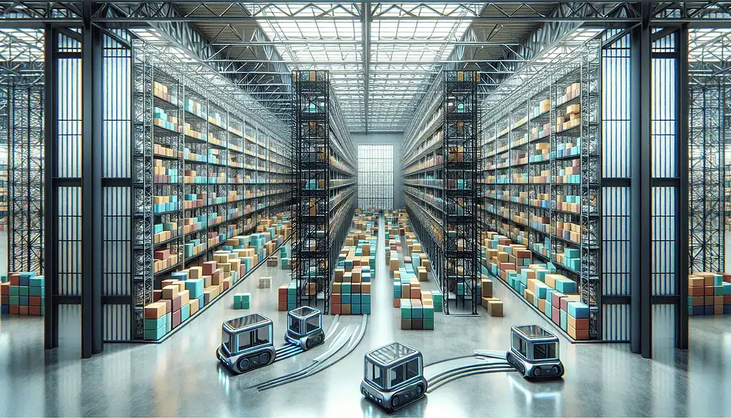 Illustration of automated material handling equipment such as AGVs in an automated warehouse with warehouse management systems