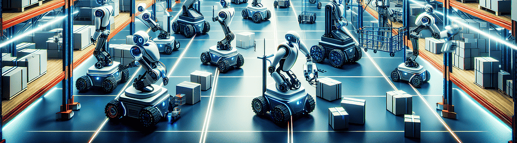 Illustration of warehouse robots working together in a warehouse environment