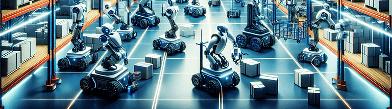 Illustration of warehouse robots working together in a warehouse environment