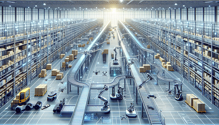 Illustration of a modern warehouse with automated systems