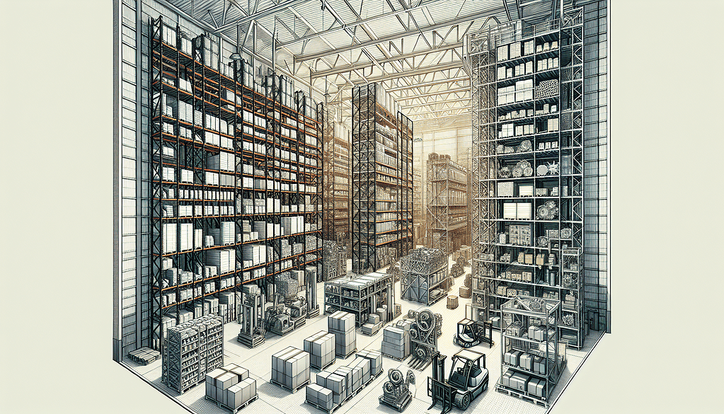 Illustration of different types of warehouse shelves with low inventory to sales ratio per recorded inventory and inventory turnover rate