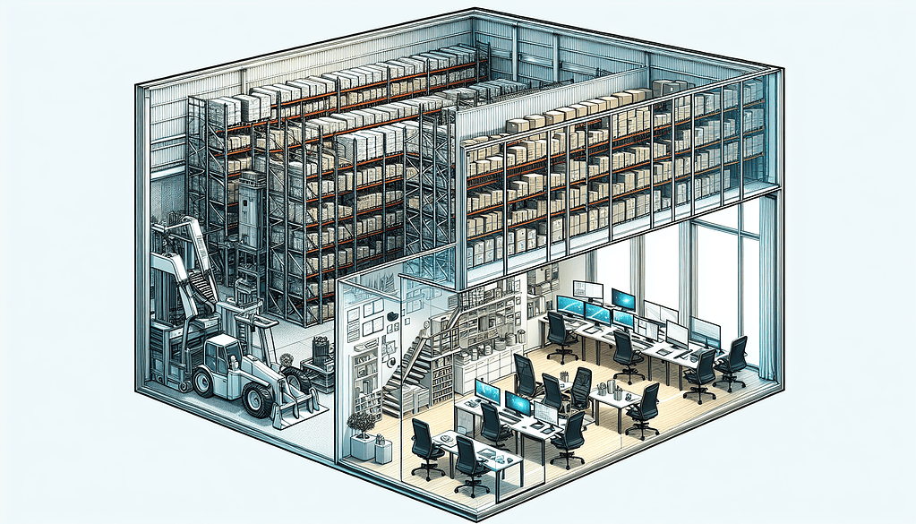 Office space in a warehouse, modular warehouse office, inside building, factory design for safe work environment