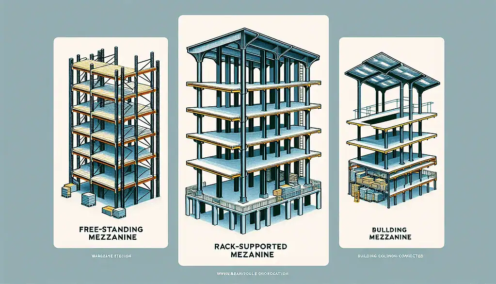Illustration of different types of warehouse mezzanines and usable space, mezzanine floors, additional floor space using structural steel mezzanines with bar grating