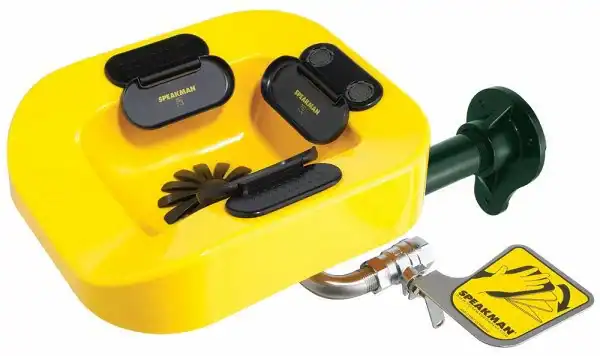 Plumbed eyewash station for warehouse safety