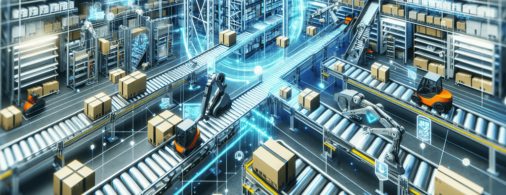 Illustration of a modern distribution center with the warehouser worker or warehouse associate experience, smart warehousing