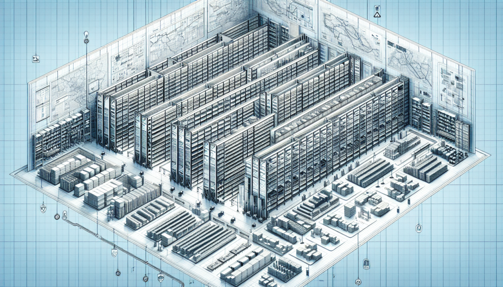 Illustration of an efficiently organized distribution center with optimized layout and storage systems