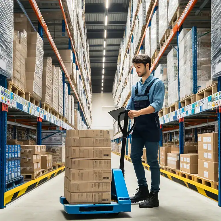 A modern warehouse with tall racks and bright LED high-bay lights providing even illumination, symbolizing energy-efficient warehouse lighting.