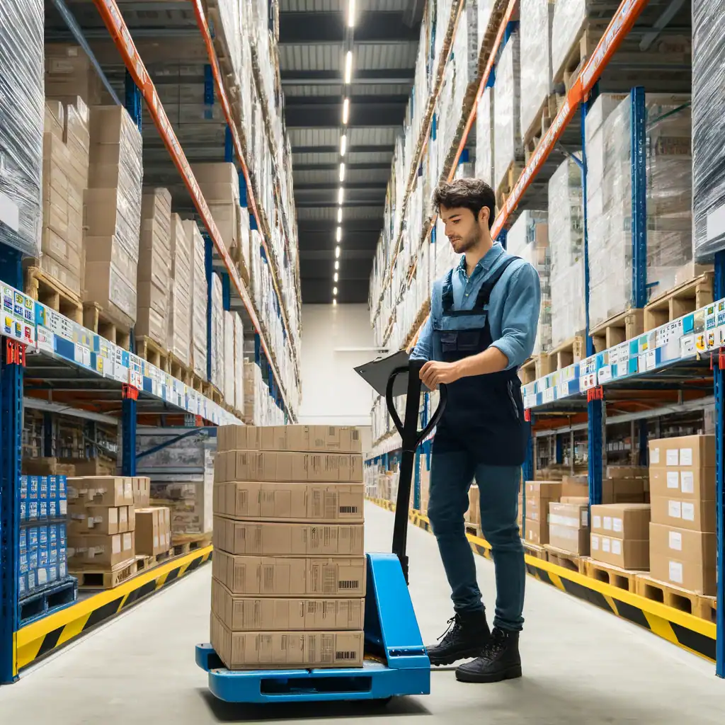 A modern warehouse with tall racks and bright LED high-bay lights providing even illumination, symbolizing energy-efficient warehouse lighting.