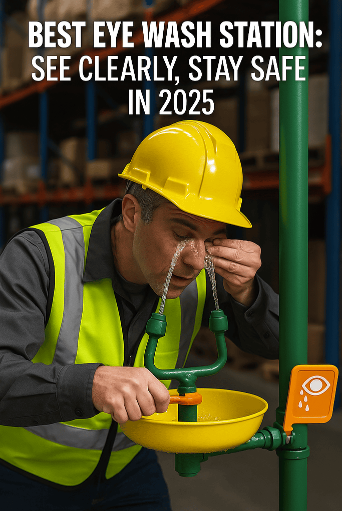 Warehouse worker using an emergency eye wash station, demonstrating the best eye wash station setup for workplace safety in 2025.