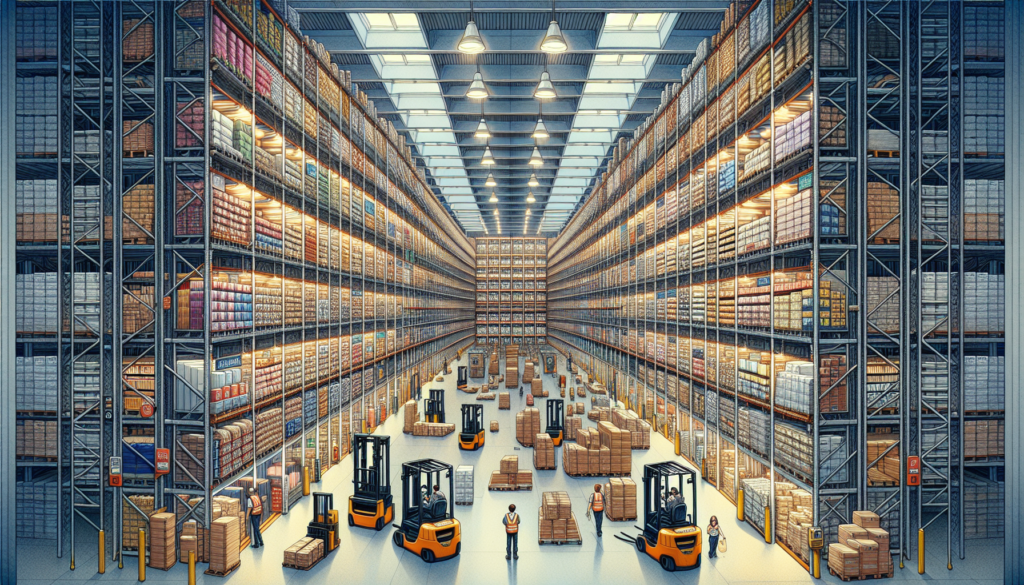 AI in warehousing pallet putaway — digital overlays guide forklifts to optimized pallet locations in a modern warehouse aisle.