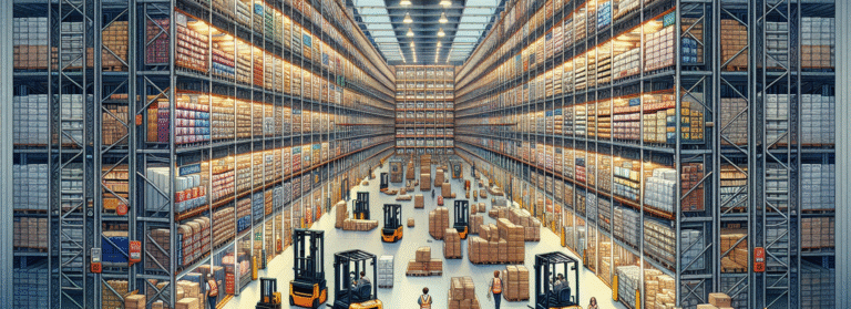 AI in warehousing pallet putaway — digital overlays guide forklifts to optimized pallet locations in a modern warehouse aisle.