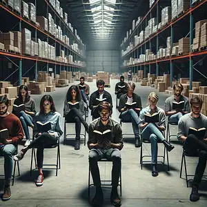 people reading books in a warehouse environment