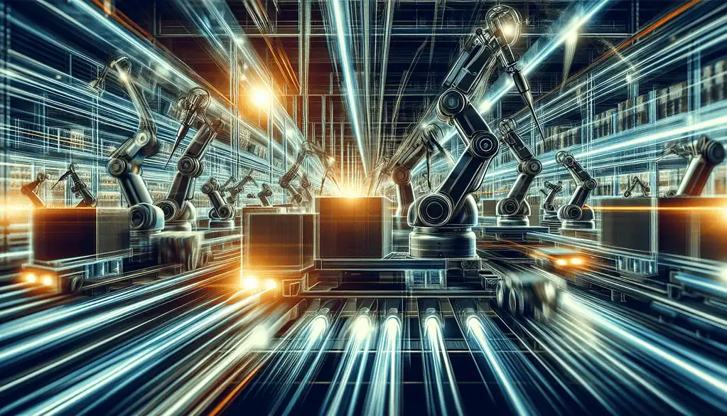 Illustration of palletizing and depalletizing robots in a fulfillment center, quality control, supply chains spatial planning storage area