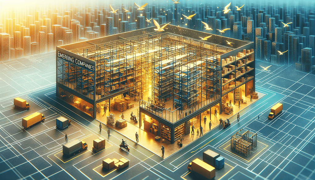 A modern warehouse with tall racks and bright LED high-bay lights providing even illumination, symbolizing energy-efficient warehouse lighting.