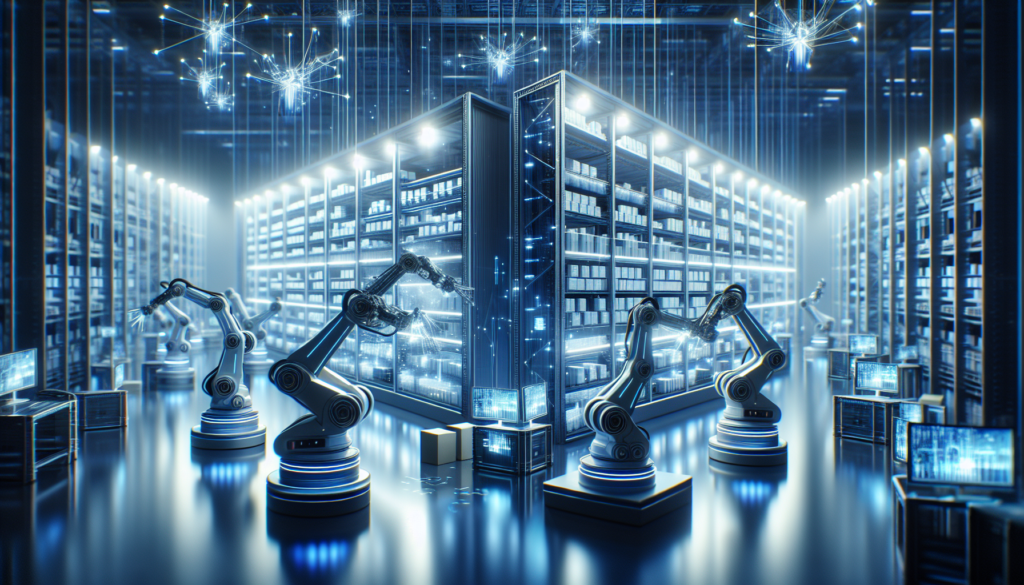 Digital illustration of a warehouse interior with shelves and boxes, overlaid with glowing blockchain chain links and cubes symbolizing secure digital ledgers, representing blockchain technology in warehousing.