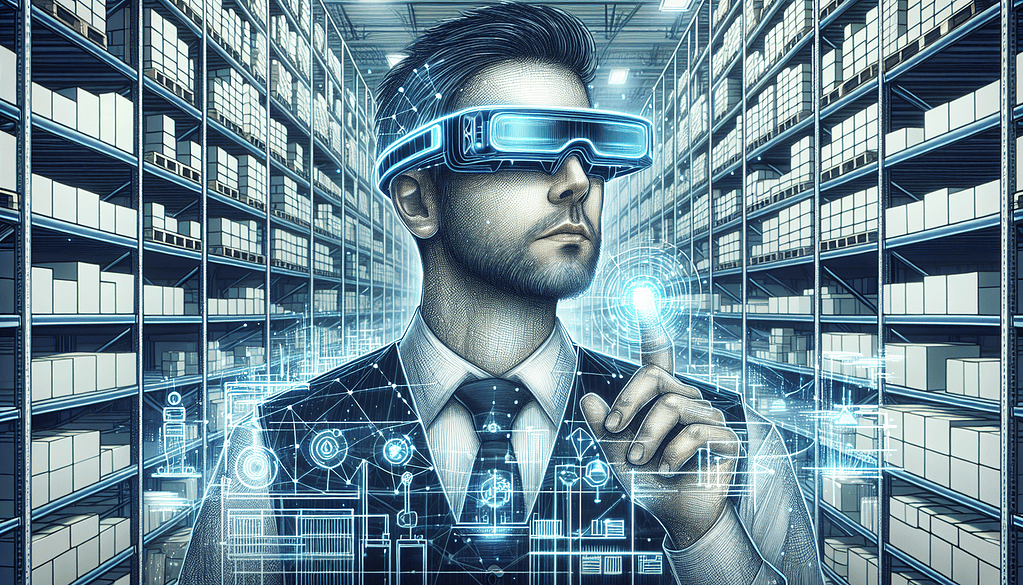 Illustration of a worker using smart glasses in a warehouse environment