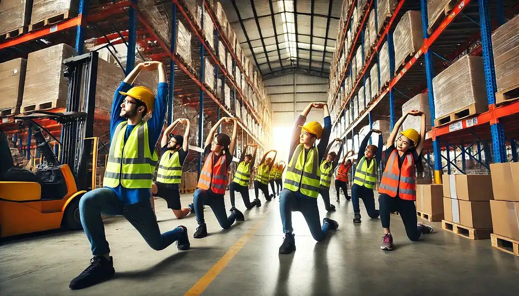 warehouse associates stretching to improve worker comfort and solve ergonomic problems
