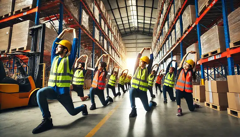 warehouse associates stretching to improve worker comfort and solve ergonomic problems