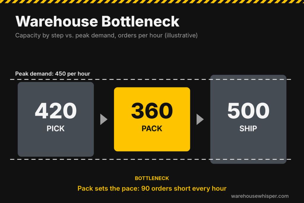 Warehouse bottleneck diagram showing pick, pack, and ship capacity with pack as the constraint