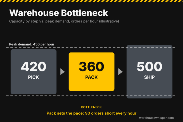 Warehouse bottleneck diagram showing pick, pack, and ship capacity with pack as the constraint
