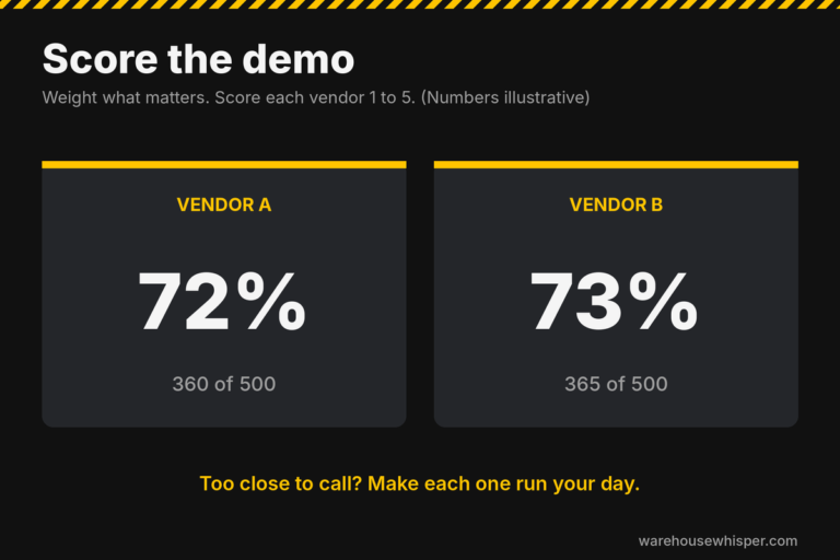 Demo scorecard comparing two Small Business Warehouse Management Software solutions.