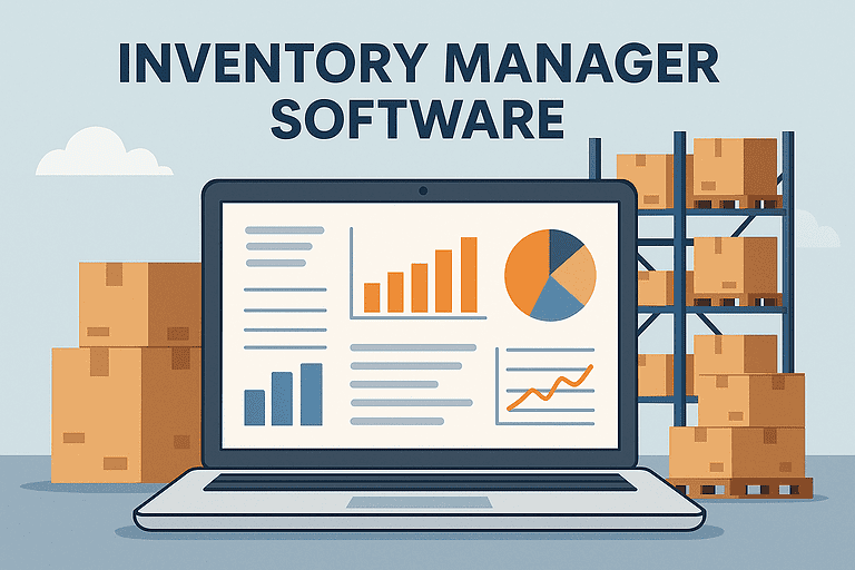 Inventory Manager Software dashboard on laptop with charts and graphs in front of warehouse boxes and pallets.
