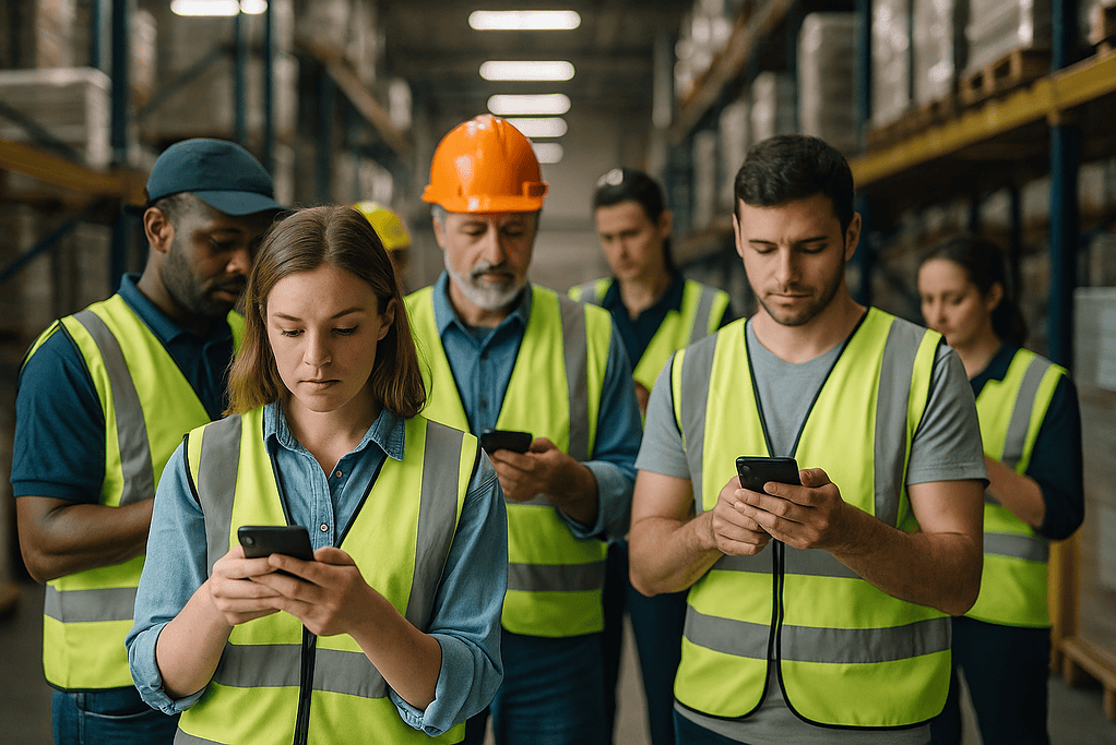 AI in warehousing scheduling — warehouse workers checking smartphones for flexible shift updates and dynamic work hours.