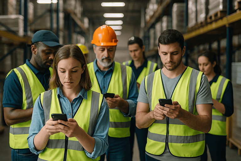 AI in warehousing scheduling — warehouse workers checking smartphones for flexible shift updates and dynamic work hours.