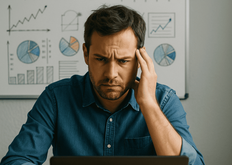 AI in warehousing myths — frustrated warehouse manager looking confused at computer graphs and whiteboard metrics, seeking solutions from AI.
