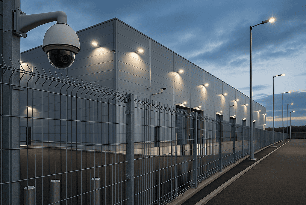 Modern warehouse exterior at night with tall security fencing, bright LED floodlights, and mounted CCTV cameras for surveillance and protection.