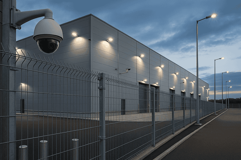 Modern warehouse exterior at night with tall security fencing, bright LED floodlights, and mounted CCTV cameras for surveillance and protection.