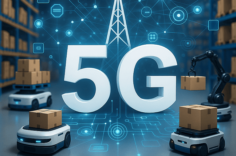 A futuristic warehouse with robots, drones, and forklifts connected by a glowing 5G digital network, symbolizing real-time warehouse automation and connectivity.
