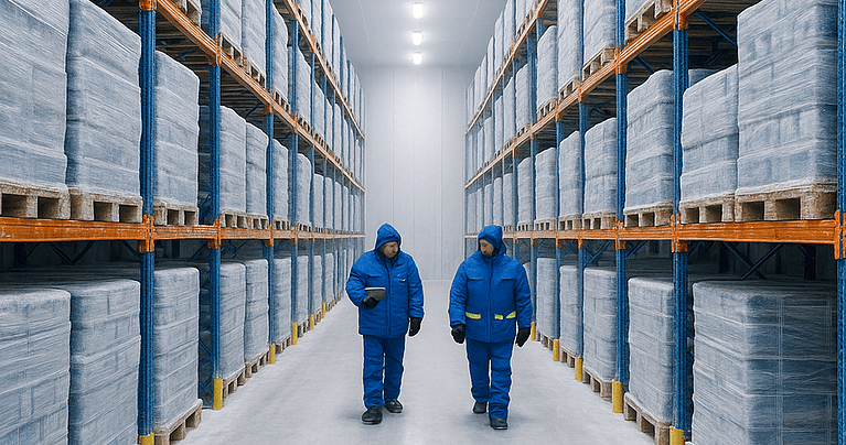 Modern cold storage warehouse with frosted racks, bright LED lighting, visible refrigeration mist, and workers in protective cold gear handling pallets.