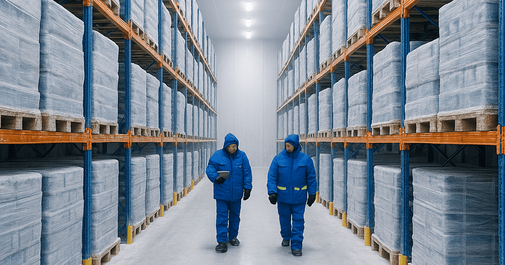 Modern cold storage warehouse with frosted racks, bright LED lighting, visible refrigeration mist, and workers in protective cold gear handling pallets.