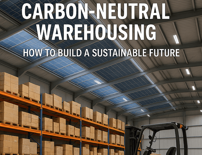 Carbon-neutral warehousing interior with solar panels on the roof, bright LED lighting, stacked pallets, and a green electric forklift operating inside.