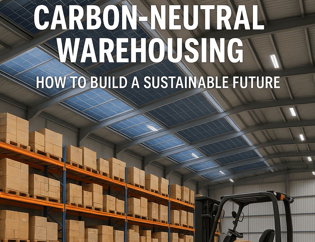 Carbon-neutral warehousing interior with solar panels on the roof, bright LED lighting, stacked pallets, and a green electric forklift operating inside.