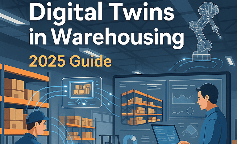 Warehouse with digital twins technology showing a worker scanning items, another monitoring a virtual warehouse model on a screen, and holographic data overlays of racks and robots.