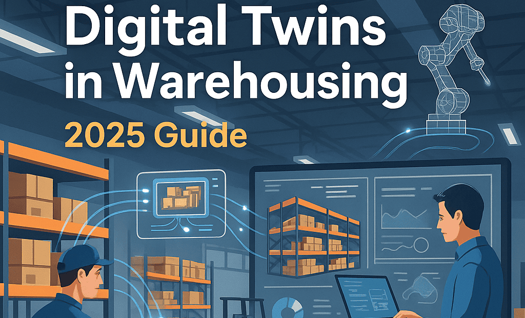 Warehouse with digital twins technology showing a worker scanning items, another monitoring a virtual warehouse model on a screen, and holographic data overlays of racks and robots.