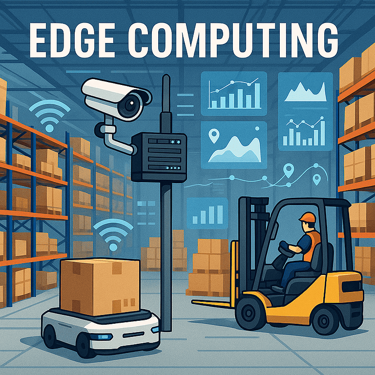 Digital illustration of a modern warehouse with shelves, forklifts, and workers, overlaid with glowing lines and icons representing edge computing, IoT devices, and real-time data processing at the network edge.