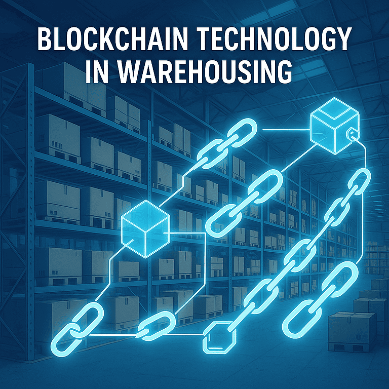 Digital illustration of a warehouse interior with shelves and boxes, overlaid with glowing blockchain chain links and cubes symbolizing secure digital ledgers, representing blockchain technology in warehousing.