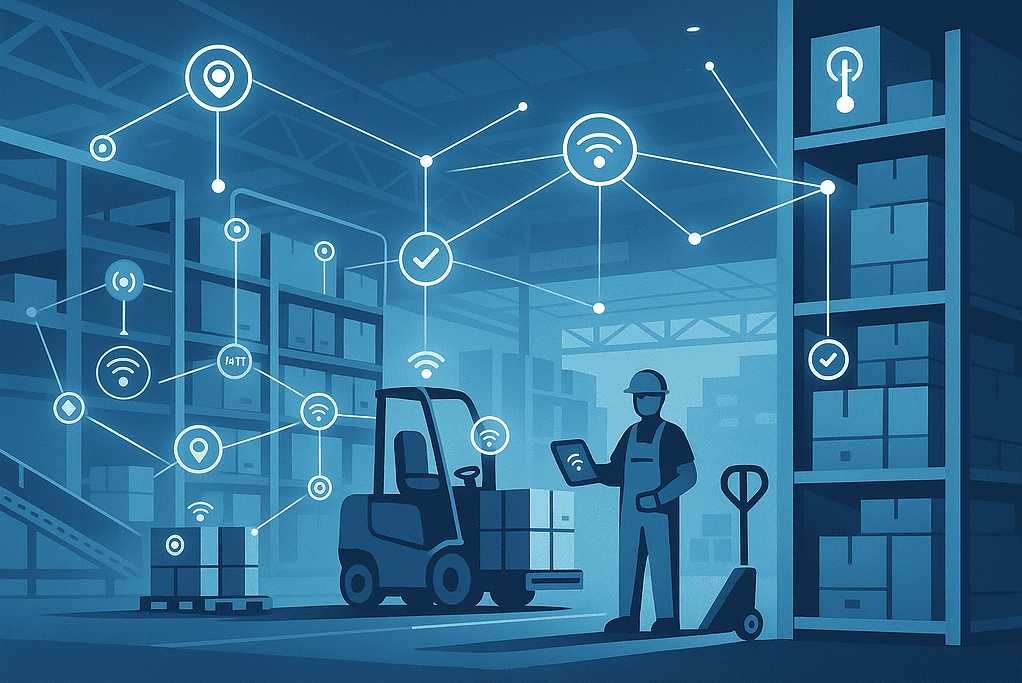Digital illustration of a smart warehouse with shelves, forklifts, and a worker holding a tablet, connected by glowing lines and IoT sensor icons representing real-time tracking and data connectivity in warehousing. iot sensors in warehousing
