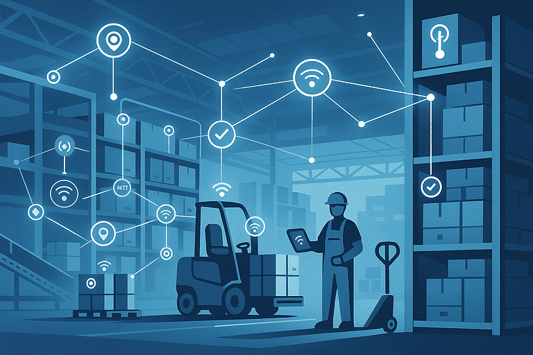 Digital illustration of a smart warehouse with shelves, forklifts, and a worker holding a tablet, connected by glowing lines and IoT sensor icons representing real-time tracking and data connectivity in warehousing. iot sensors in warehousing